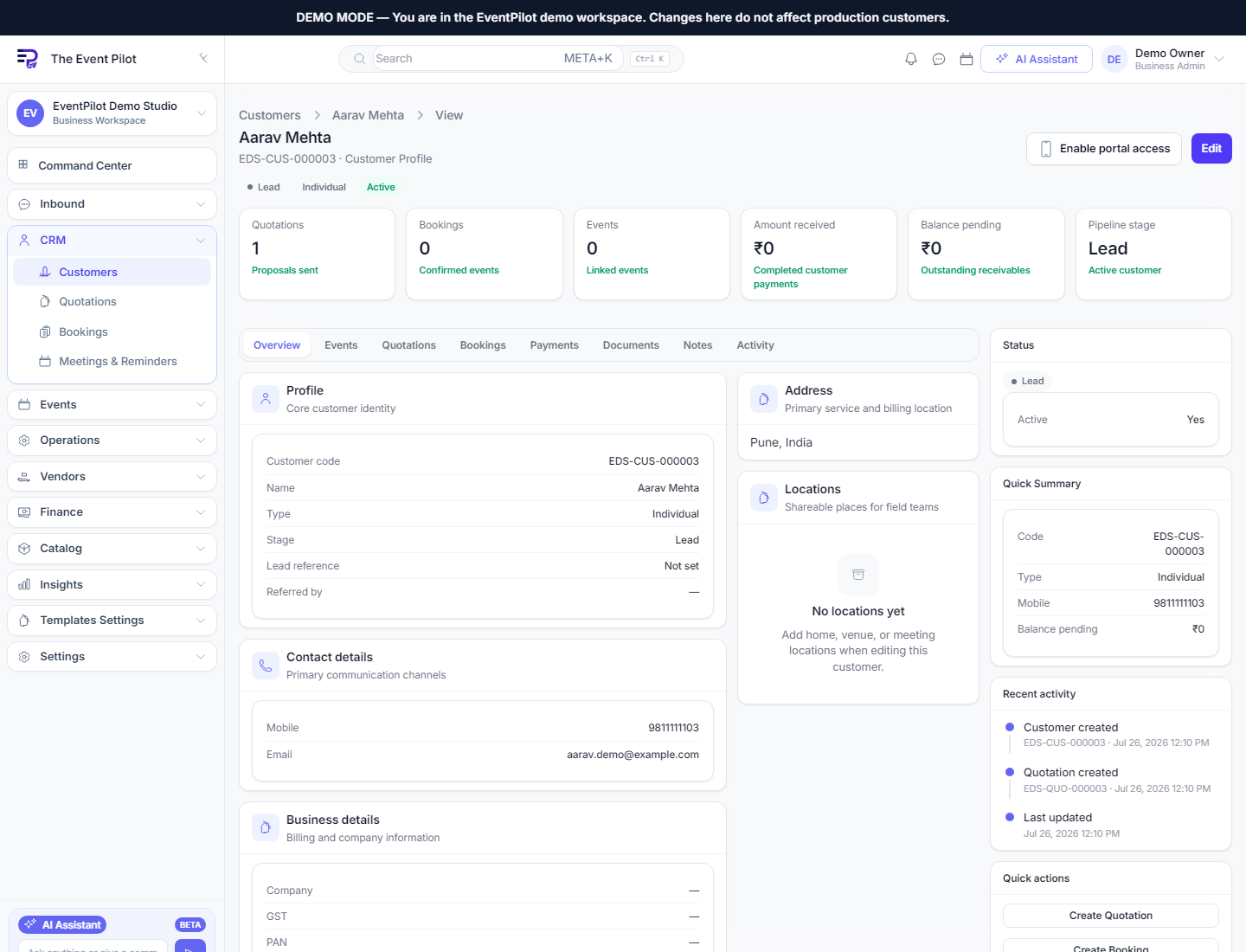 The Event Pilot customer profile — CRM, quotations, bookings and payments in one place
